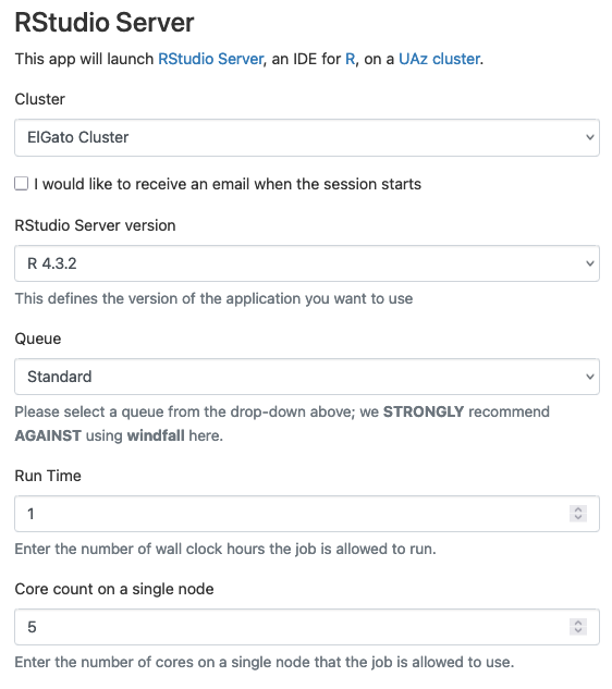 The form to configure an Open OnDemand instance of RStudio with fields for Cluster, R version, Queue, Run Time, and Core Count